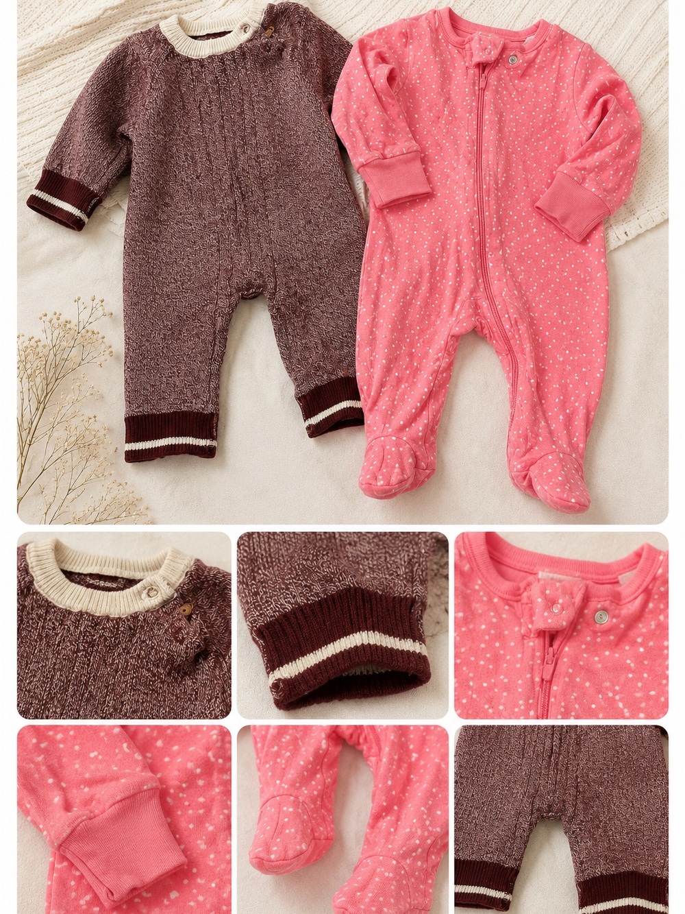 Cat & Jack Pink Star Footed Sleeper and Brown Knit Romper Set size 0-3mos
